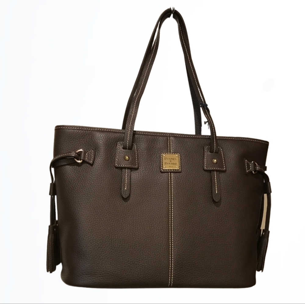 Dooney & Bourke Black and Tan Pebbled Leather Larger Davis Tote Bag Purse